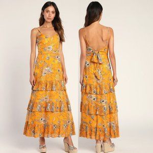 Lulu's Women Golden Yellow Floral Jacquard Tiered Maxi Dress